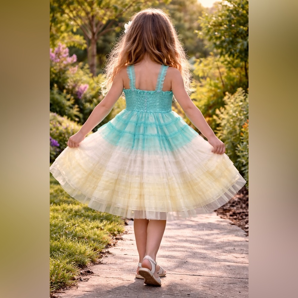 Le Pink / Little Mass Summer Fun Tulle Smocked Back Ruffle Dress Girls 4T 4 NWT - Picture 2 of 4